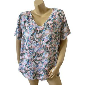 H&M Womens Size 12 Floral Print Short Sleeve V Neck 100% Viscose Shirt Top